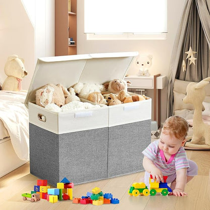 Large Toy Storage Box with Lid, Collapsible Toys Storage Organizer Bins with Dividers and Handles, Storage Chest Bin for Kids, Boys, Girls, Nursery 25"x13" x16" (Gray & White)