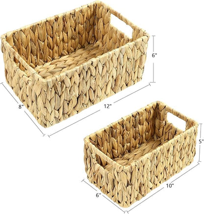 HOONEX Water Hyacinth Storage Baskets, Wicker Baskets for Storage, Hand Woven Baskets with Carry Handles, Set of 2, Natural