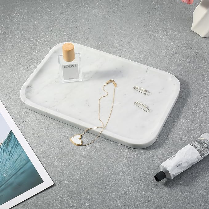 Koville Marble Tray, 12"x8" Marble Vanity Tray for Countertop Bathroom Kitchen Dresser, Decorative Catchall Trays for Perfume Jewelry, Rectangular Stone Serving Tray(Bianco Carrara)