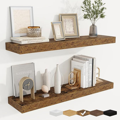 fuqing Floating Shelves for Wall, Wall Mounted Wood Floating Shelf with Invisible Brackets for Living Room, Bathroom, Bedroom, Kitchen Storage and Decor, 32 Inch Set of 2, Rustic Brown
