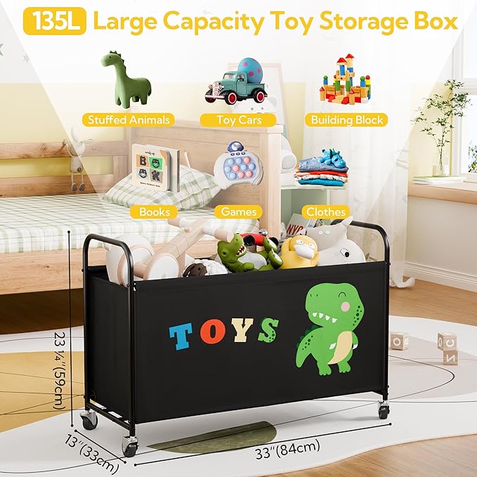 GRANNY SAYS Toy Box for Boys Girls, Large Toy Chest Storage with Wheels, Metal Kids Toy Storage Organizer for Stuffed Animals, 135L Kids Toy Bins for Bedroom, Living Room, Nursery, Black