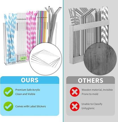 Acrylic Straw Holder for Cabinet Door, 9.5" Reusable Straws Organizer Storage Dispenser with Ultra Sticky Adhesive, Kitchen Accessories Container for Counter Cupboard (Transparent)