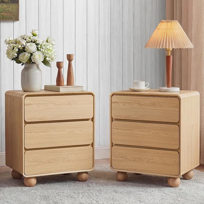 AVZEAR Wooden Night Stand wth 3 Drawer Dresser Mid Century Modern End Table Chest of Drawers, Solid Wood Legs & Curved Profile Design, Farmhouse Side Table for Living Room, Natural