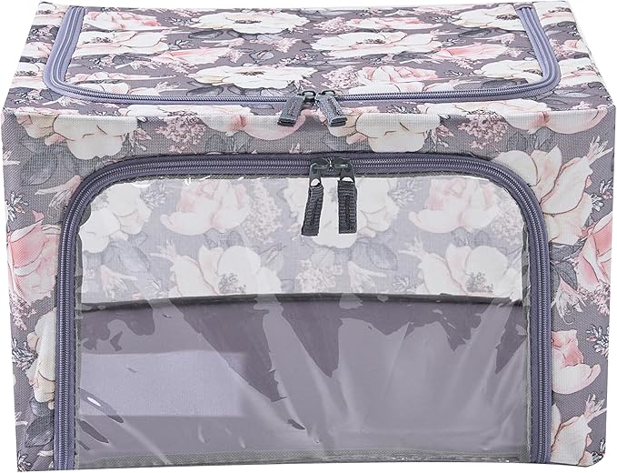 Periea 'Beau' Foldable Stackable Fabric Home Storage Boxes with Steel Frames - Set of 2 (Floral Grey, Small)