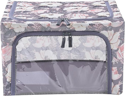 Periea 'Beau' Foldable Stackable Fabric Home Storage Boxes with Steel Frames - Set of 2 (Floral Grey, Small)