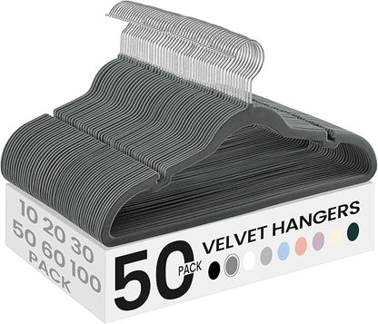 SONGMICS Velvet Hangers 50 Pack, Non-Slip Clothes Hangers, Suit Hangers with Shoulder Notches, Pants Bar, 360° Swivel Hook, Space-Saving, for Closet, Gray UCRF029G05