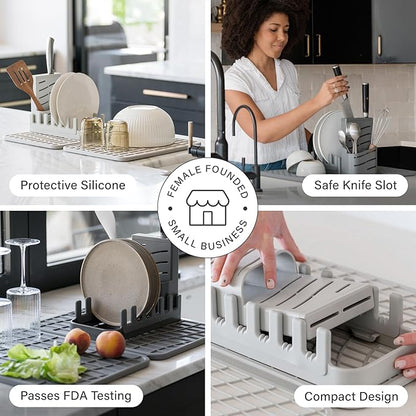 Dorai Home Collapsible Dish Drying Rack and Stone Dish Pad – Large Foldable Drying Rack with Instant - Dry Stone Mat –Space-Saving Drainer Rack for Kitchen Counter - 24.6" x 16.5", Slate