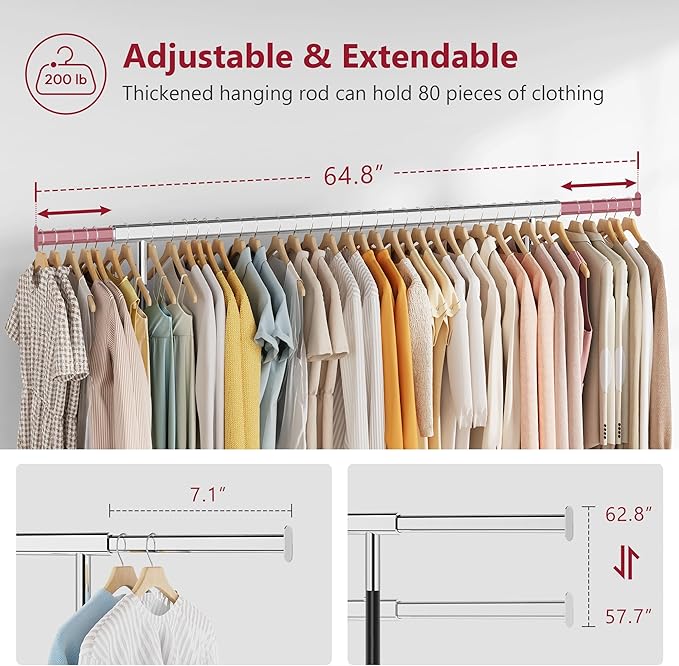 Tajsoon Clothes Rack Heavy Duty Clothing Rack Load 350 LBS, Rolling Clothing Rack for Hanging Clothes with Wheels & Extendable Rod, Collapsible Garment Rack with Bottom Shelf, Commercial, Black
