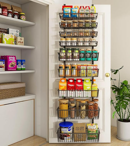 9-Tier Over The Door Pantry Organizer, Pantry Storage and Organization, Black Metal Hanging Spice Rack Seasoning Shelves Door, Wall Mount for Home & Kitchen, Laundry Room Bathroom Organization