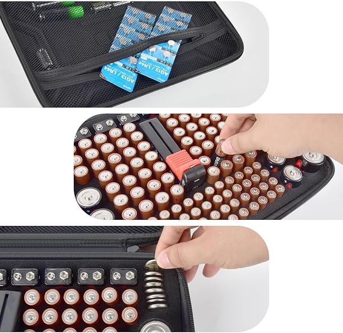 Battery Organizer Box Storage Case with Tester, Batteries Vault Holder Bag Container for 158+ Batteries Variety Pack AA AAA AAAA C D 9V 3V Lithium LR44 CR2 CR123 CR1632 18650 (Black)