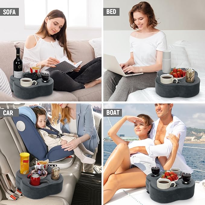 Couch Cup Holder | Sofa Cup Holder Pillow Drink Tray Organizer for Drinks, Remotes, Phones, Snacks (Grey, 12 * 12 * 3.7 Inch)