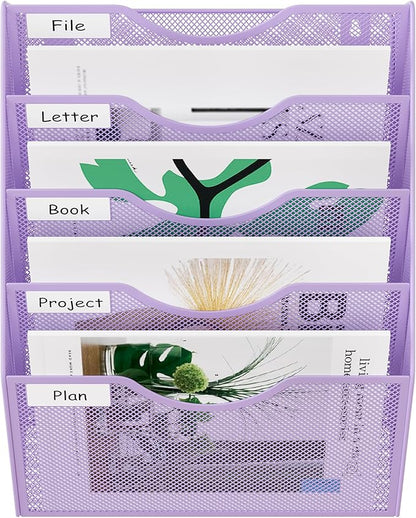 EasyPAG 5 Pocket Mesh Wall File Organizer, Hanging Paper Folder Holder with Classify Label, Vertical Wall Mount Mail Organizer for Office Home Classroom, Purple