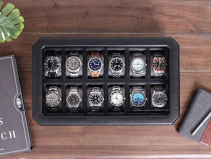 ROTHWELL 12 Slot Leather Watch Box for Men - Luxury Case Display Jewelry Organizer with Microsuede Liner - Travel Jewelry Case for Mens Accessories, Travel Organizer (Black & Grey)