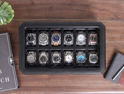 ROTHWELL 12 Slot Leather Watch Box for Men - Luxury Case Display Jewelry Organizer with Microsuede Liner - Travel Jewelry Case for Mens Accessories, Travel Organizer (Black & Grey)