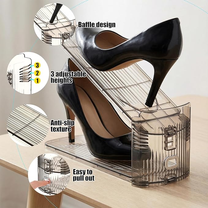 Clear Shoe Slots Organizer with Adjustable Height, Acrylic Closet Stacker Display, Storage Shoe Rack Organizer, Double Layer Holders for Shelf Wardrobe Space Saving (Gray,60 Pack)