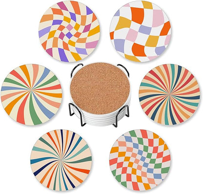 Drink Coasters for Drinks Set of 6,Retro Wavy Absorbent Round Ceramic Stone Mat Coaster, with Cork Base and Metal Holder, Home Bar Decor House Warming Gift
