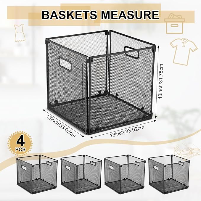 2 Pcs Foldable Metal Cube Storage Baskets 13x13 Kitchen Wire Baskets Stackable Mesh Laundry Organizer Bin with Handles for Shelves Kitchen Pantry Cabinets Closet Food (Black)