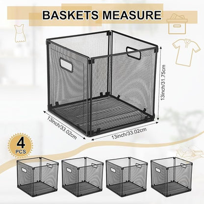 4 Pcs Foldable Metal Cube Storage Baskets 13x13 Kitchen Wire Baskets Stackable Mesh Laundry Organizer Bin with Handles for Shelves Kitchen Cabinets Closet Food (Black)