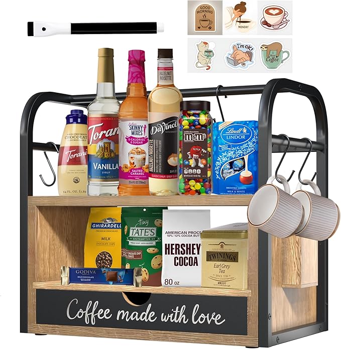 Coffee Bar Organizer for Countertop – 3-Tier Wood & Metal Shelf with Chalkboard Drawer, 6 Removable Mug Hooks, Side Caddy, Magnetic Stickers, Handle, Non-Slip Feet – Coffee & Tea Station