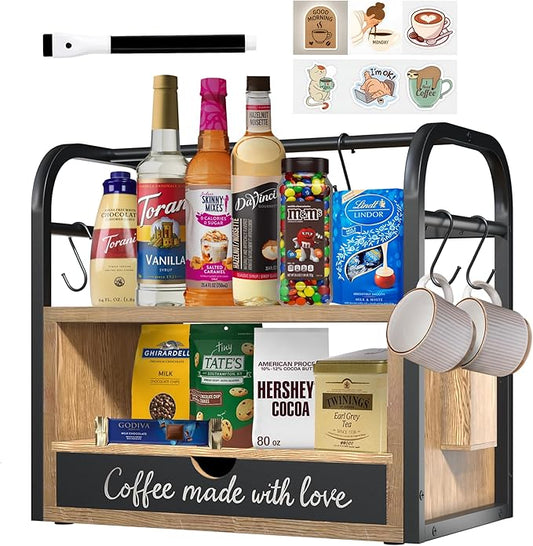 Coffee Bar Organizer for Countertop – 3-Tier Wood & Metal Shelf with Chalkboard Drawer, 6 Removable Mug Hooks, Side Caddy, Magnetic Stickers, Handle, Non-Slip Feet – Coffee & Tea Station