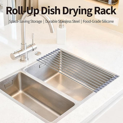 TYZUIAW Roll Up Dish Drying Rack for Over Sink -17.5"x11.8" Foldable Stainless Steel Kitchen Drainer，Gray