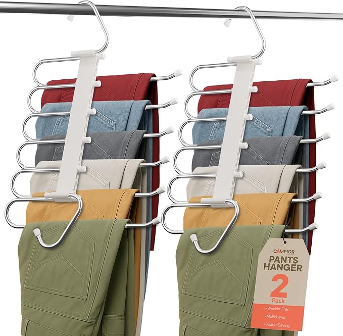 Campior Space Saving Pants Hangers 2 Pack, 6 Layer Jeans Hangers and Closet Organizer for Jeans, Scarves, & Skirts, Multi-Layer Hanger with Anti-Slip Stopper, Heavy-Duty S-Type Stainless Steel, White