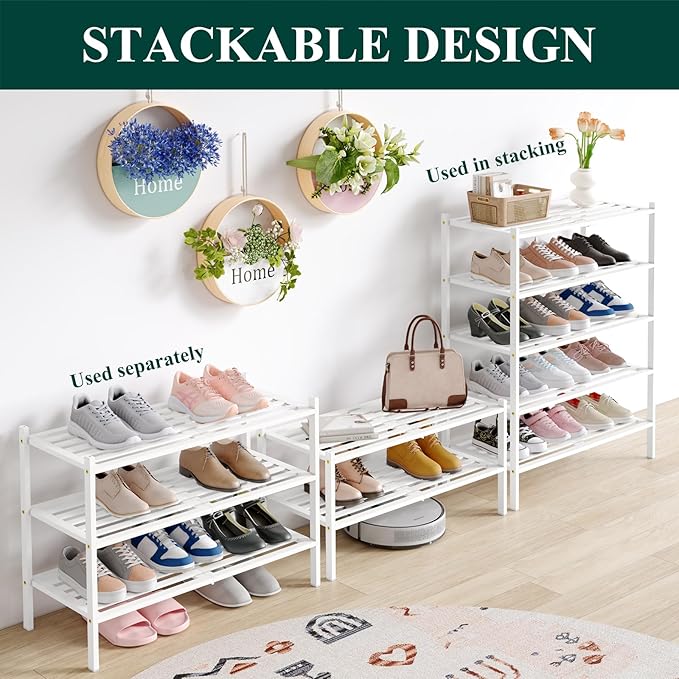 Smiry Bamboo Shoe Rack 3-Tier, Stackable Wooden Shoe Organizer for Entryway & Closet, Free Standing Wood Shoe Storage Shelf for Front Door & Small Spaces, White
