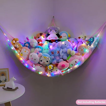 Unicorn Castle Stuffed Animals Net or Hammock Kids Toy Storage Organizer with LED Light Hanging Corner Stuffed Animals Holder Kids Girls Room Decor,Rainbow-A,Large (Pack of 1)