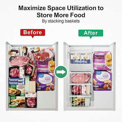 iSPECLE Deep Freezer Organizer Bins - 15.2"~17.5" Freezer Baskets for Chest Freezer, 5 Cu.FT Deep Chest Freezer Organizer Bins, 1 Expandable Hanging Basket and 3 Pack Stackable Bins, 4 Pack White