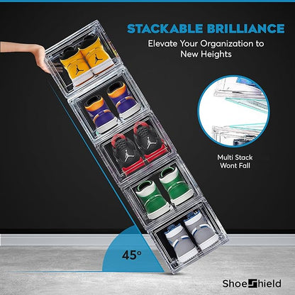 ShoeShield Ultra All Clear Shoe Boxes Plastic Stackable Professional Grade Shoe Display Case with Magnetic Front Drop Door Open Easy Assembly Modern Shoe Sneaker Display Case Fits US Size 14