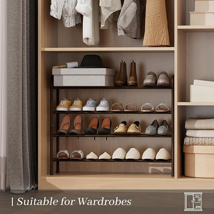 Expandable Shoe Rack, 4-Tier Metal Small Shoe Rack, Adjustable Shoes Organizer, Storage Shelf for Closet, Entryway, Brown