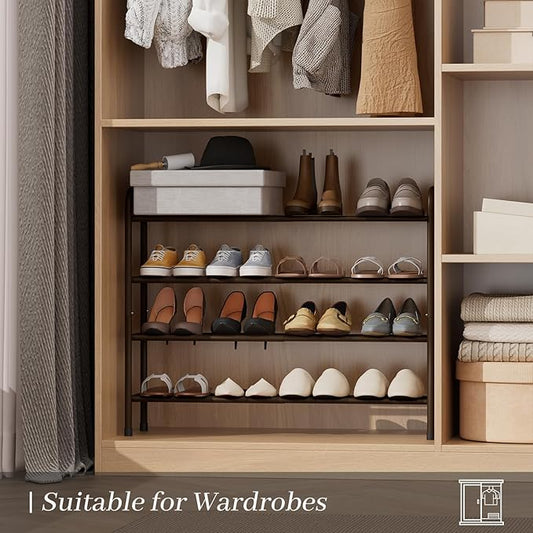 Expandable Shoe Rack, 4-Tier Metal Small Shoe Rack, Adjustable Shoes Organizer, Storage Shelf for Closet, Entryway, Brown