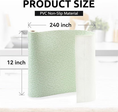 FIFTY FEET 12X240 Inch Shelf Liner with Scissor & Tape Measure for Kitchen Cabinets, PVC Drawer Liner for Dresser Non-Slip Bathroom, Non-Adhesive Cabinet Liner Washable (Green)
