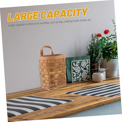 ABOOFAN Woven Wall Hanging Storage Basket for Kitchen and Desktop Organizer Natural Wood Material with Handle Nordic Style Decorative Hanging Pocket for Pantry and Home Organization