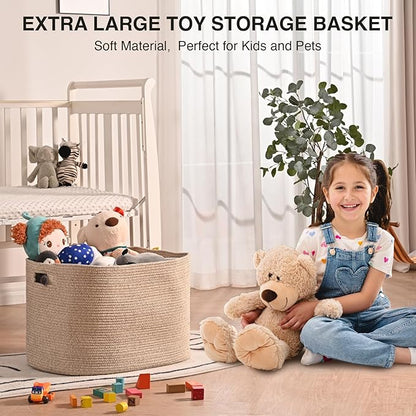 Large Storage Basket for Organizing, Blanket Basket for Living Room, Large Toy Baskets for Storage, Woven Cotton Rope Baskets for Blankets, Clothes, Shoes, Brown, 25”x16”x16” (105L)