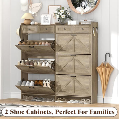 Shoe Cabinet with 3 Flip Drawers & 2 Storage Drawers, Rustic Farmhouse Narrow Shoe Organizer Cabinet, Slim Shoe Rack Cabinet, Shoe Storage Cabinet for Entryway, Hallway, Front Door