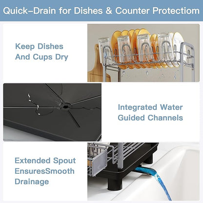 2 Tier Silver Large Capacity Dish Drainers Drying Rack for Kitchen Counter, Metal Stainless Steel Rust Proof Plate Strainers Holder On Countertop with Drainboard Tray, Space Saving, Aesthetic Modern