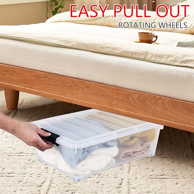 Feicanhao 4-Pack 20 L Plastic Under Bed Storage Container with Lids, Underbed Clear Organizer Bin with Wheels