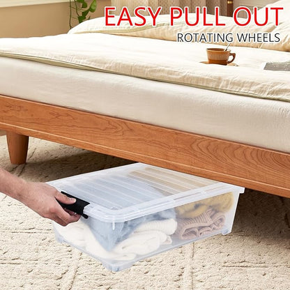 Feicanhao 4-Pack 20 L Plastic Under Bed Storage Container with Lids, Underbed Clear Organizer Bin with Wheels