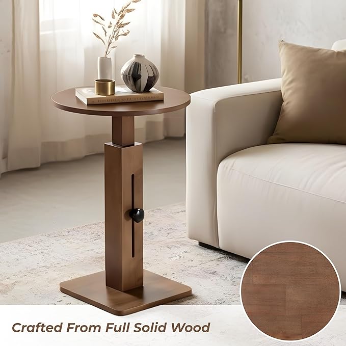 Behomes Aurin Solid Wood Nightstand, Mid Century Modern Side Table with Adjustable Height, Couch End Table, Accent Bedside Table for Bedroom, Living Room, Round Top, Walnut