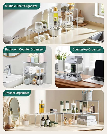 Acrylic Cabinet Organizer, Set of 4 Spice Rack Organizer for Cabinet, Desk Countertop Shelf Organizer, Pantry Kitchen Storage and Organization, Stackable Shelves House Essentials for Gift