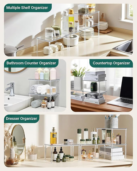 Acrylic Cabinet Organizer, Set of 4 Spice Rack Organizer for Cabinet, Desk Countertop Shelf Organizer, Pantry Kitchen Storage and Organization, Stackable Shelves House Essentials for Gift