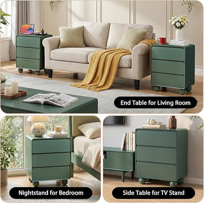 AVZEAR Wooden Night Stand wth 3 Drawer Dresser Mid Century Modern End Table Chest of Drawers, Solid Wood Legs & Curved Profile Design, Farmhouse Side Table for Living Room, Green