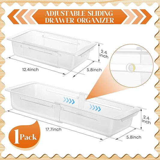 1 Pack Deep Drawer Organizer Bins, Adjustable Sliding Drawer Organizer Bin Expandable Tray for Kitchen Utensils, BBQ Tools, Towels, Durable Plastic Sliding for Easy Storage (12.4" to 18”)