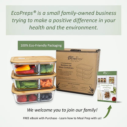 EcoPreps Glass Meal Prep Containers with Bamboo Lids, 2 Compartment Glass Bento Box Container Set (3 Pack) | 100% Plastic Free, Eco-Friendly, Lunch Containers with Lids Made of Bamboo - Set of 3