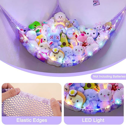 Unicorn Castle Stuffed Animals Net or Hammock Kids Toy Storage Organizer with LED Light Hanging Corner Stuffed Animals Holder Kids Girls Room Decor,Purple,Large (Pack of 1)