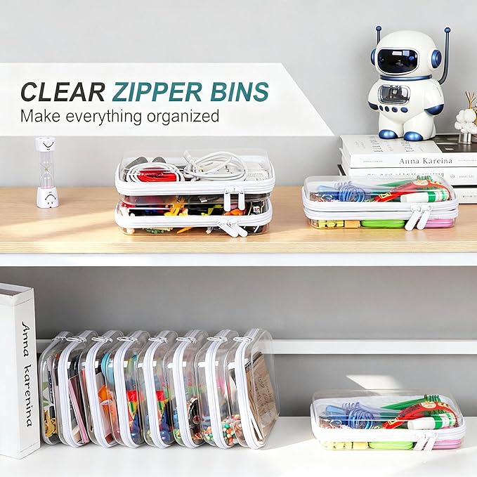 3PCS Clear Hard Shell Zipper Case,Toy Organizers and Storage Box,Clear Toiletry Cosmetic Case,Travel Makeup Bags, Diaper Bag Organizer,Pencil Case,Stackable Portable Transparent Zipper Pouches White-M