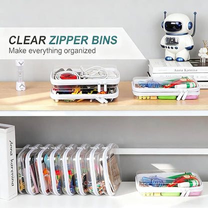 3PCS Clear Hard Shell Zipper Case,Toy Organizers and Storage Box,Clear Toiletry Cosmetic Case,Travel Makeup Bags, Diaper Bag Organizer,Pencil Case,Stackable Portable Transparent Zipper Pouches White-M