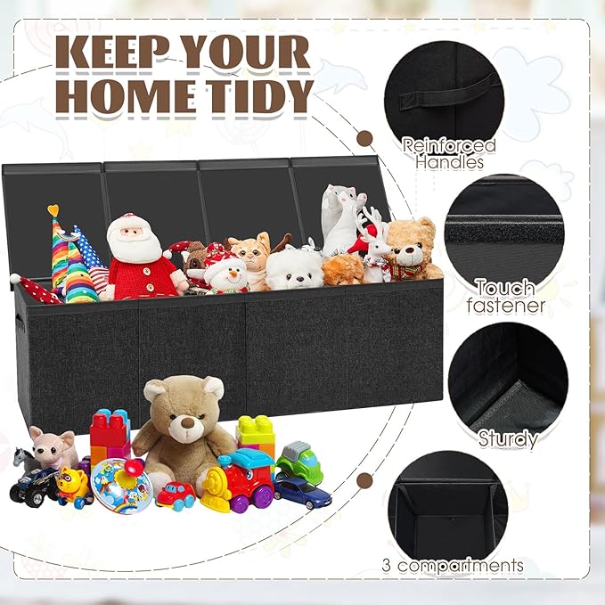 Patelai Extra Large Toy Box Chest with Lids 4/3 Grids Large Chest Collapsible Kids Toy Storage Baskets Gifts for Boys Girls Living Room Nursery Playroom(49.2 x 13 x 15.7'',Black)