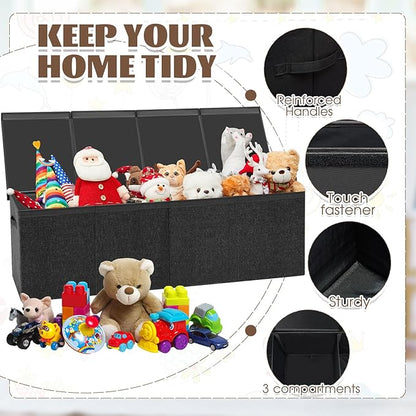 Patelai Extra Large Toy Box Chest with Lids 4/3 Grids Large Chest Collapsible Kids Toy Storage Baskets Gifts for Boys Girls Living Room Nursery Playroom(49.2 x 13 x 15.7'',Black)